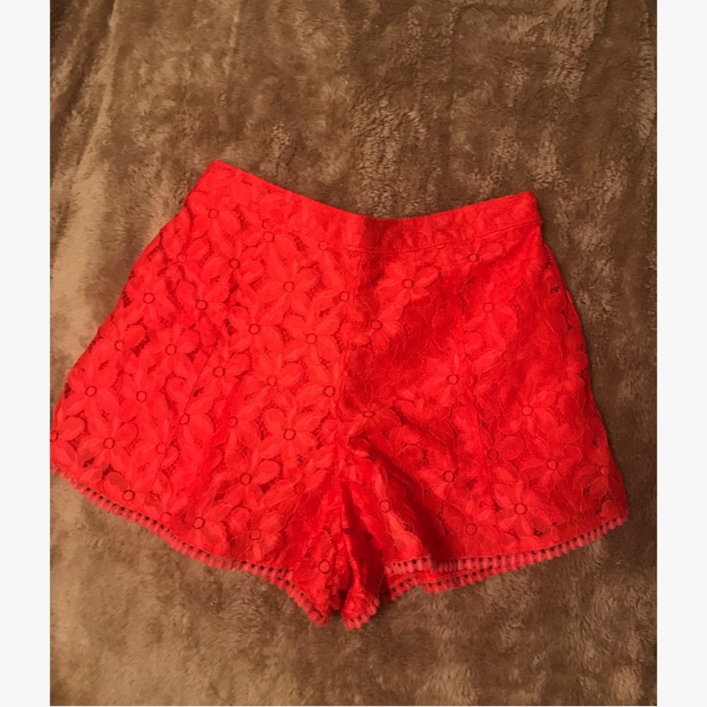 Lace red high waisted shorts